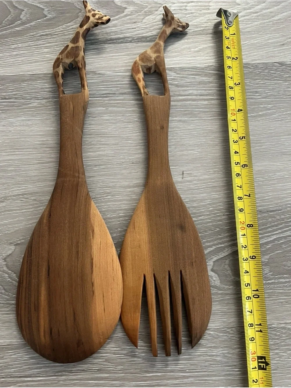 Hand-Carved Wooden Giraffe Salad Servers - Brown
